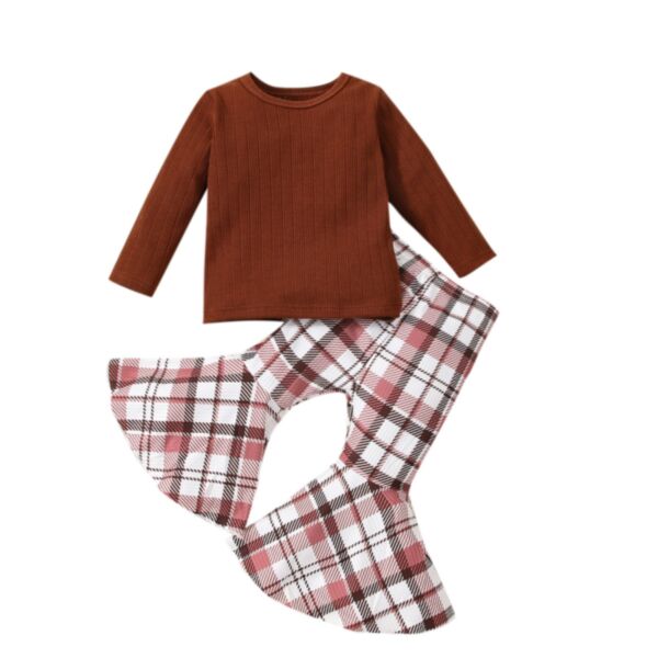 Baby Girl Round Neck Solid Color Blouse And Plaid Flared Pants Two Piece Sets 21103124