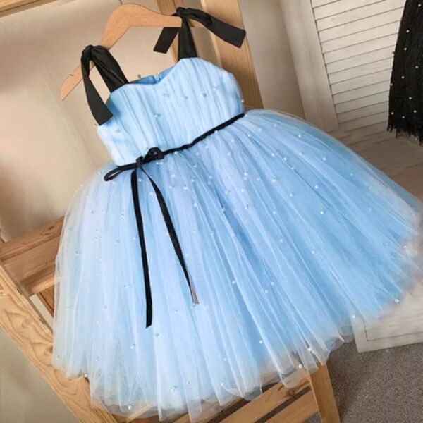9M-4Y Toddler Girls Pearl Tie Up Sling Mesh Princess Dress Wholesale Girls Clothes KDV384359 blue