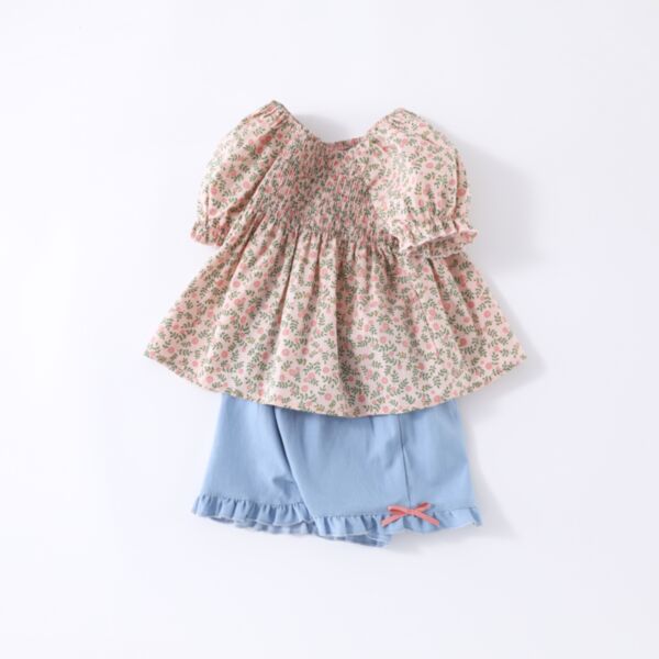 18M-8Y Big Kids Girls Sets Floral Puff Sleeve Smocked Tops And Shorts Kids Clothing Wholesale V3803284632