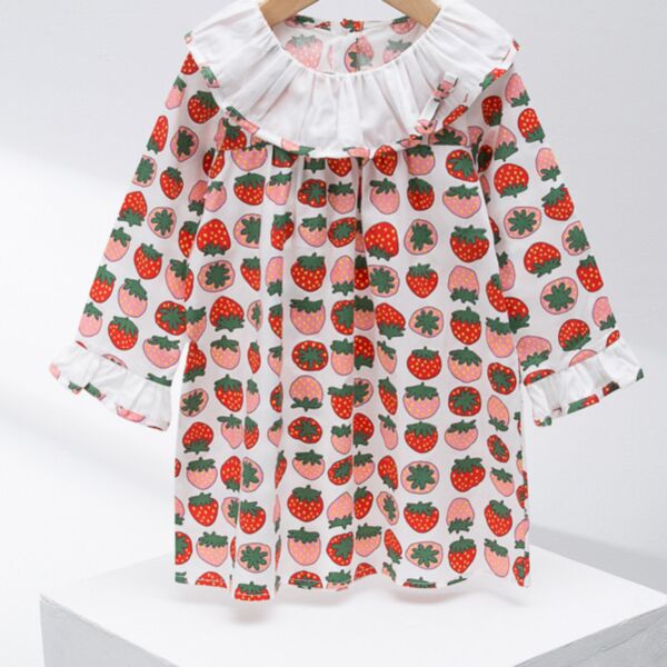 2-6Y Strawberry Print Palace Style Lotus Collar Long Sleeve Dress Wholesale Kids Boutique Clothing