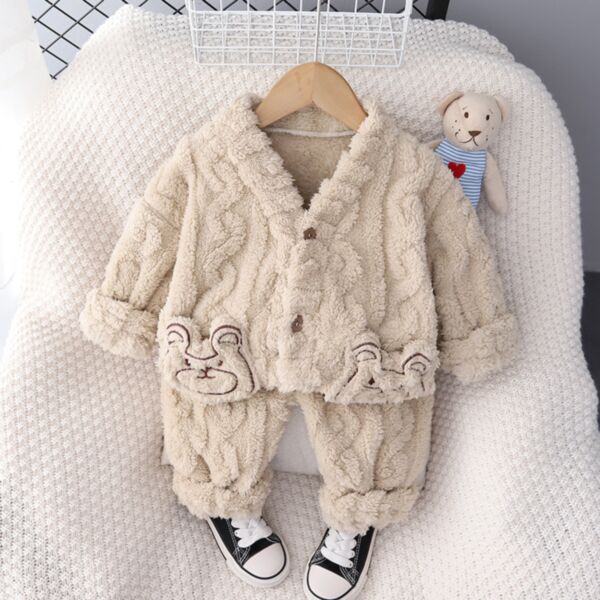 9M-3Y Loungewear Plush Solid Color Cotton Bear Cardigan Coat And Pants Pajama Set Two Pieces Baby Wholesale Clothing KSV491922