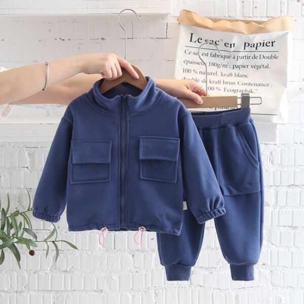 9M-3Y Solid Color Fleece Warm Two Pocket Zipper Coat And Pants Set Two Pieces Baby Wholesale Clothing KKHQV491930