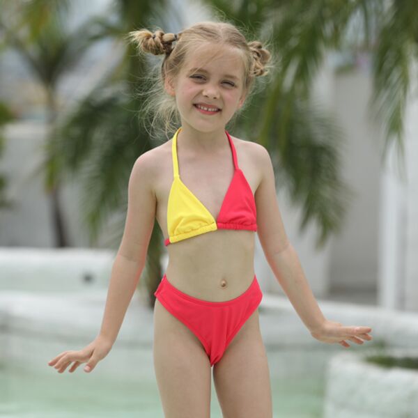3-6Y Toddler Girl Hit Color Halter Neck Split Bikini Swimsuit Wholesale Sunny Girl Clothing KSWV384709 yellow