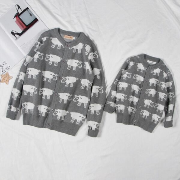 Mommy And Me Outfits Wholesale Sheep Print Button Knit Cardigan KCV386442 gray