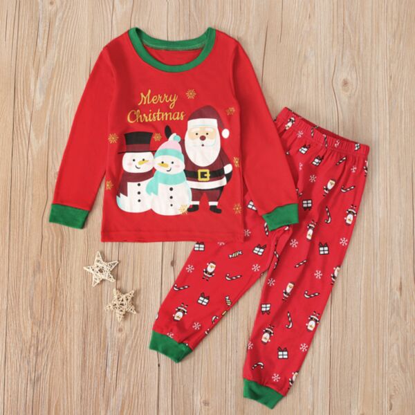 18M-7Y Christmas Santa Claus And Snowman Print Red Pullover And Gift Print Pants Set Two Pieces Wholesale Kids Boutique Clothing KSV491855