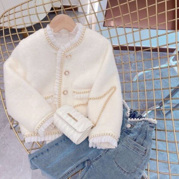 18M-7Y Sweat Solid Color Pearl Fleece Lace Coat Girl Wholesale Kids Boutique Clothing KKHQV491774