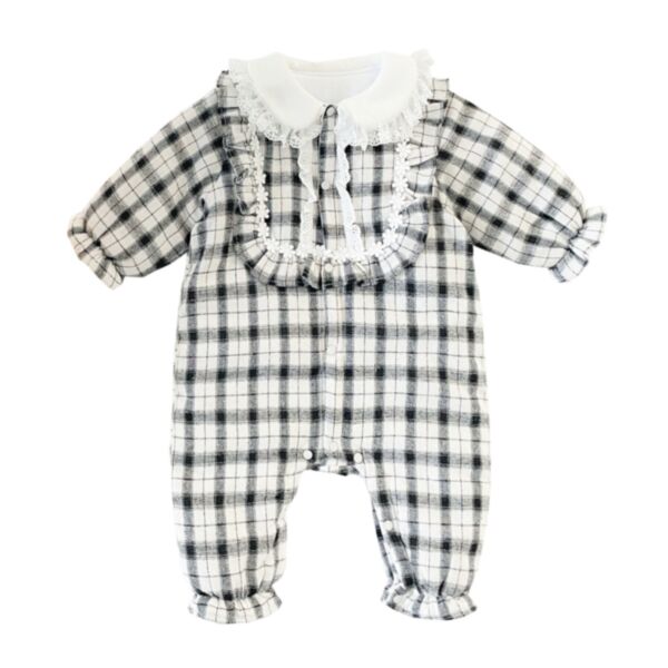 3M-3Y Baby Girls Lace Edge Doll Collar Elastic Cuffs Plaid Long-Sleeved Jumpsuit Wholesale Childrens Clothing KJV600807