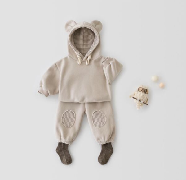 3M-5Y Cute Bear Ears Hooded Solid Color Sweatshirt And Pants Sports And Leisure Two-Piece Set Wholesale Childrens Clothing KSV600586