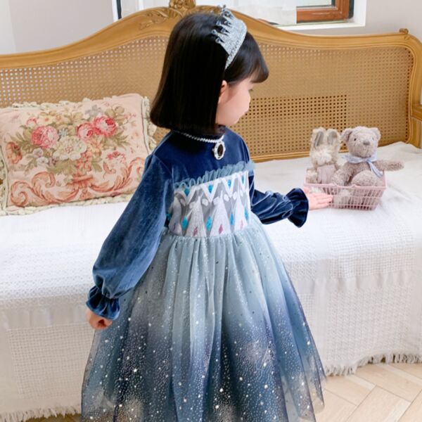 2-7Y Snow Bubble Sleeve Mesh Star Print Blue Gradient Princess Dress Wholesale Kids Boutique Clothing KDV491858