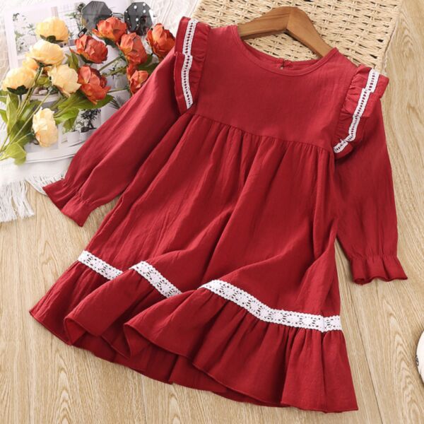 18M-6Y Red Long Fly Sleeve White Lace Dress Wholesale Kids Boutique Clothing KDV491875