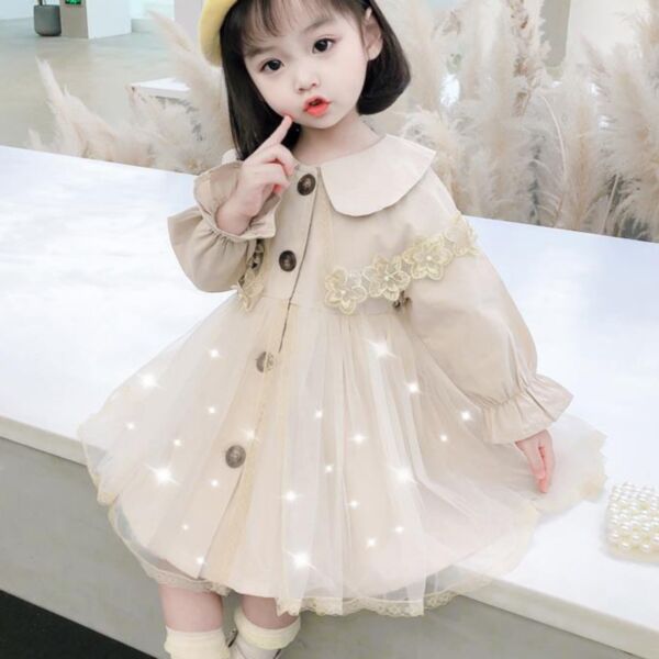 18M-7Y Solid Color Mesh Flower Lace Button Wide Collar Dress Wholesale Kids Boutique Clothing KKHQV491881