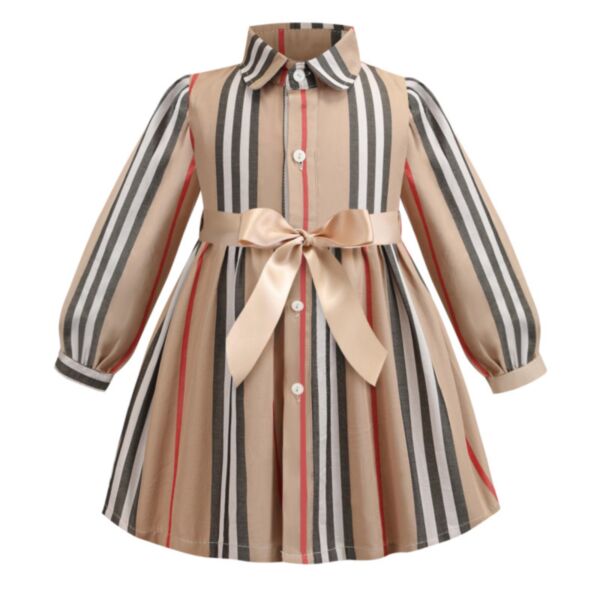 2-8Y Long Sleeve Striped Big Bowknot Dress With Collar Wholesale Kids Boutique Clothing KKHQV491985