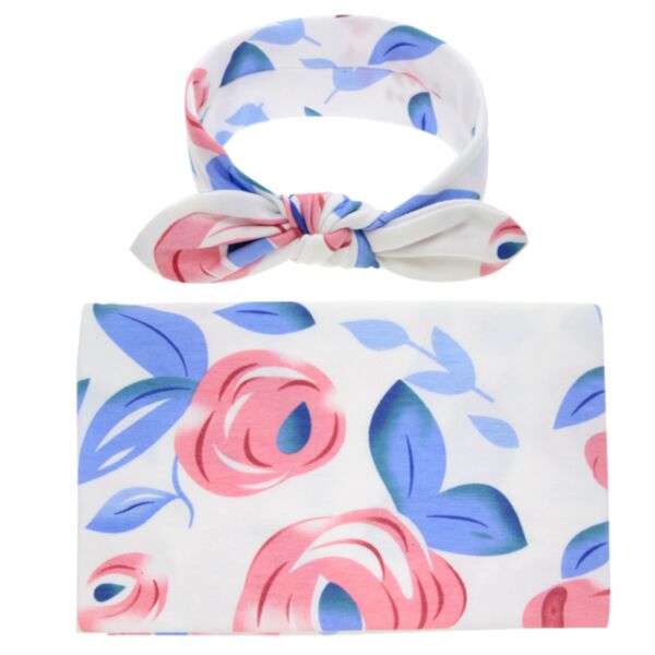 Newborn Swaddle Flower Flamingo Baby Wrapping Blanket & Headband KBLV383371 blue