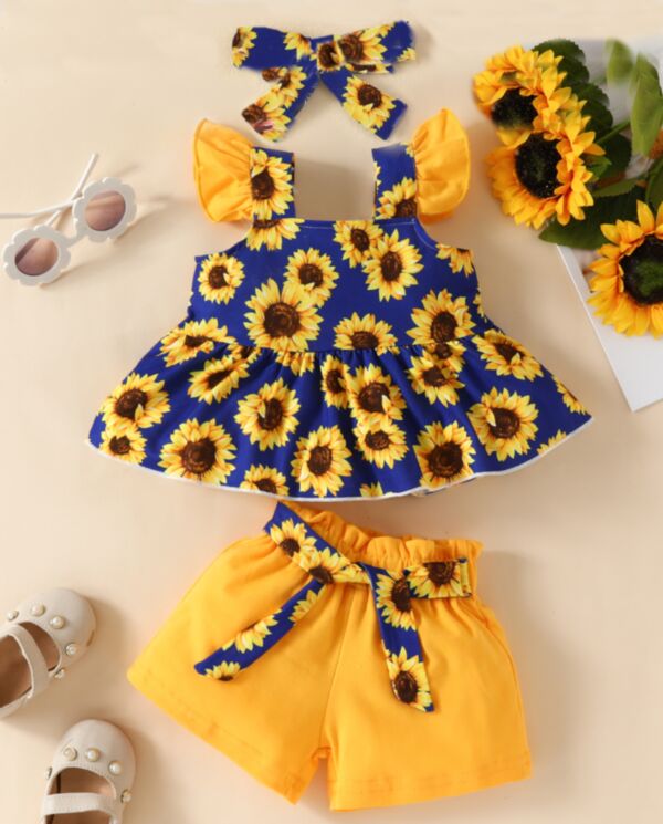 3-24M Baby Girl Sets Sunflower Print Ruffled Suspender Top And Shorts And Headband Wholesale Baby Clothes Suppliers V5923031500151