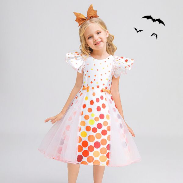 2-6Y Kid Girls Mesh Polka Dot Flutter Sleeve Halloween Children'S Show Dresses Wholesale Kid Clothing KDV38463502 orange