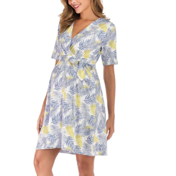 Tropical Print V-Neck Shorts Sleeve Dresses With Belt Wholesale Maternity And Nursing Clothes KMV386460 blue