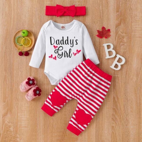 Valentine'S Day 3 Piece Alphabet Romper And Striped Pants And Headband Baby Set 21103121
