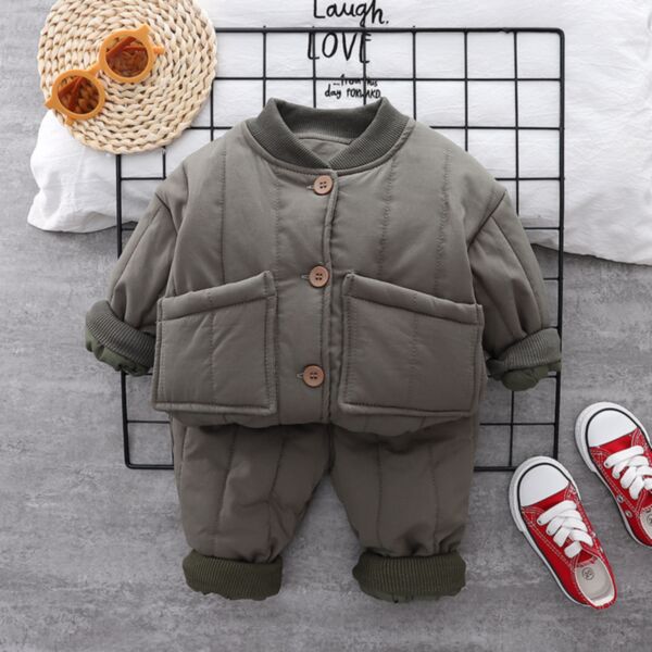 9M-3Y Solid Color Cotton Padded Thicken Button Coat And Pants Set Two Pieces Baby Wholesale Clothing KKHQV491926