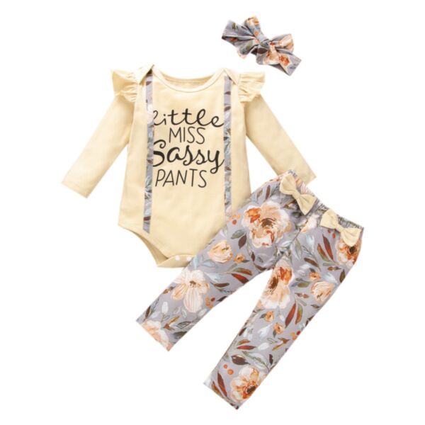 Letter Print Jumpsuit And Floral Pants With Headband Baby Girl 2 Piece Set 21103125