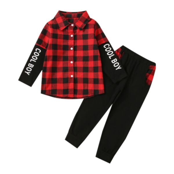 Fake Two-Piece Letter & Plaid Shirt And Pant Boys Outfit Set 21110712