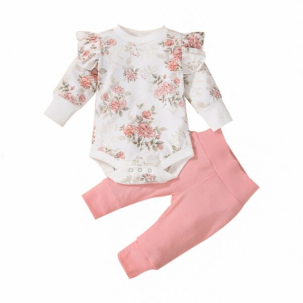 Floral Jumpsuit And Pink Ribbed Pants Two Piece Baby Sets 21103122