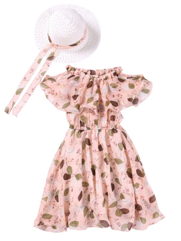 Kid Girl Leaf Print Chiffon Halter Neck Dress With Hat