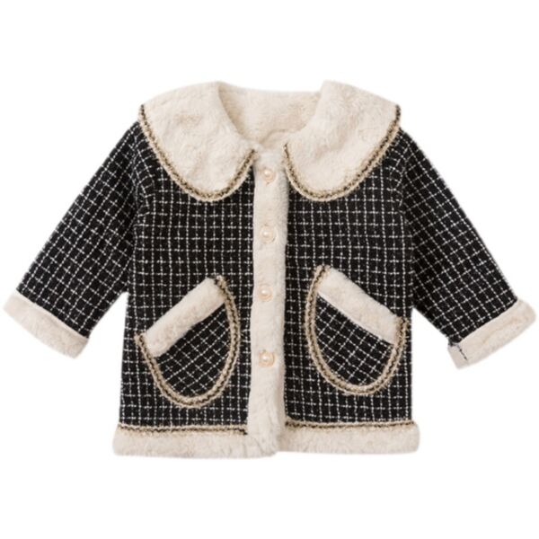 18M-7Y Houndstooth Plaid Plush Collar Pearl Button Coat Girl Jacket Wholesale Kids Boutique Clothing KKHQV491882