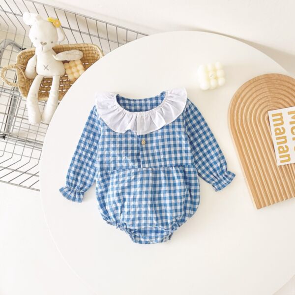3M-3Y Long Sleeveplaid Print Lace Wide Collar Onesies Romper Jumpsuit Baby Wholesale Clothing KJV492013