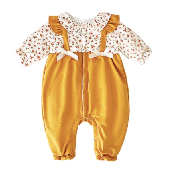3M-3Y Floral Print Bowknot Yellow Long Sleeve Onesies Romper Jumpsuit Baby Wholesale Clothing KKHQV492009