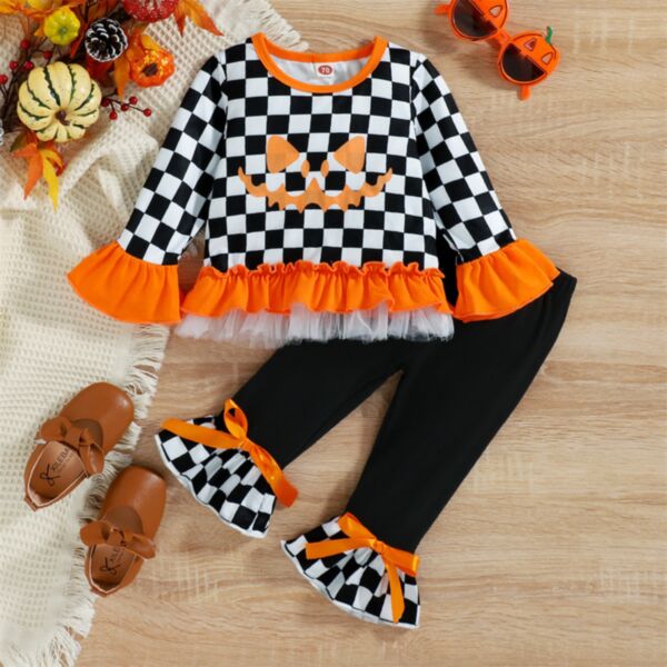 9M-5Y Toddler Girls Halloween Checkerboard Ruffle Hem Tops & Flared Trousers Wholesale Girls Clothes KSV386421