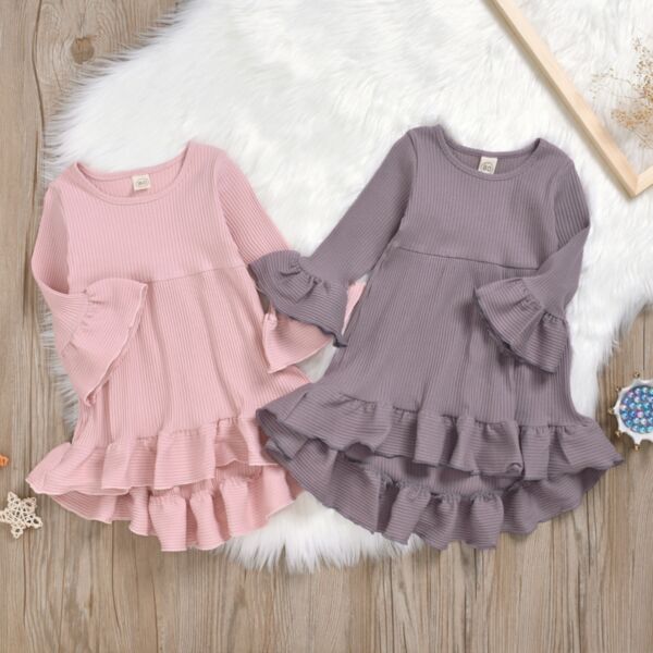 9M-5Y Toddler Girls Solid Ribbed Flared Sleeves Ruffled Irregular Hem Wholesale Girls Dresses KDV385744