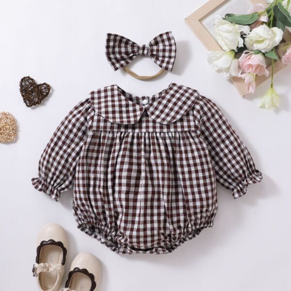 6-24M Plaid Lotus Button Wide Collar Romper Baby Wholesale Clothing