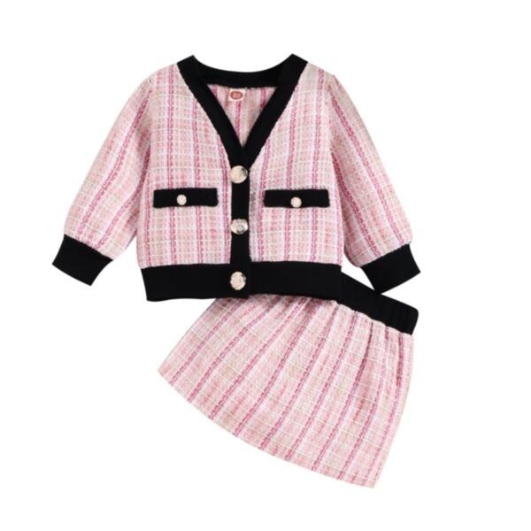9M-4Y Toddler Girls  V-Neck Tweed Cardigan Baby Girl Jacket And Skirt 2-Piece Set Wholesale Childrens Clothing KSV600595