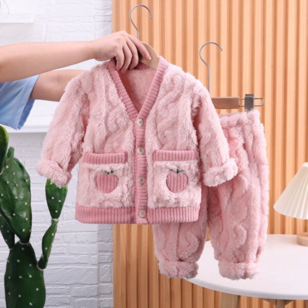 9M-4Y Loungewear Plush Strawberry Fleece Button Coat And Pants Pajama Set Two Pieces Baby Wholesale Clothing KSV491596