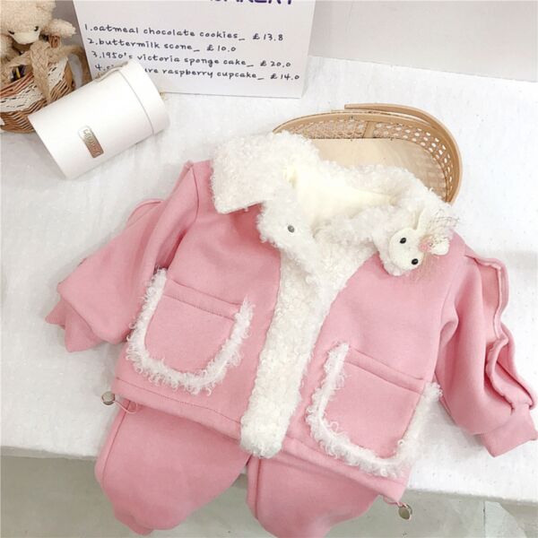 18M-7Y Solid Color Plush Colloar Fleece Thicken Coat Jacket And Pants Set Two Pieces Baby Wholesale Clothing KKHQV491793