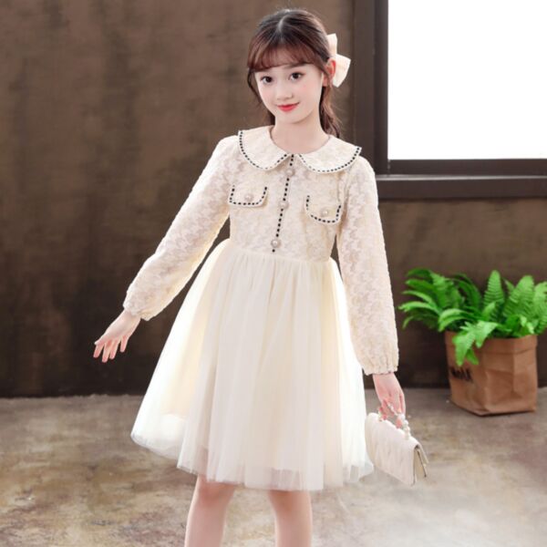 2-10Y Lace Puffy Yarn Mesh Pearl Button Princess Dress Wholesale Kids Boutique Clothing KKHQV491900