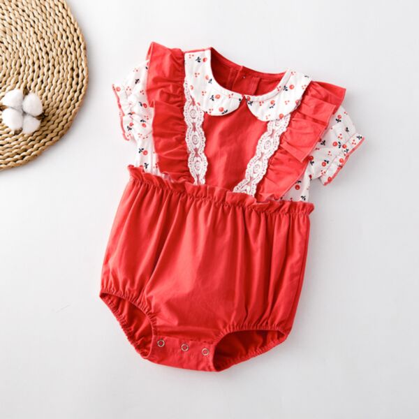 0-18M Flying Sleeve Red Floral Print Onesies Cute Romper Baby Wholesale Clothing KJV491756