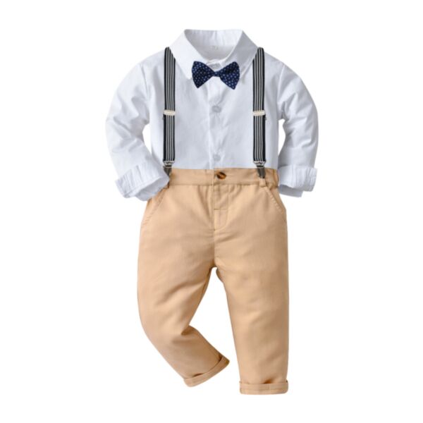 12M-6Y Long Sleeve Shirt With Bowknot And Suspender Solid Color Pants Set Boy Wholesale Kids Boutique Clothing KKHQV491889