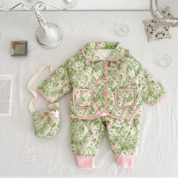 3-24M Floral Flower Print Warm Button Coat And Pants Set Two Pieces Baby Wholesale Clothing KKHQV491810