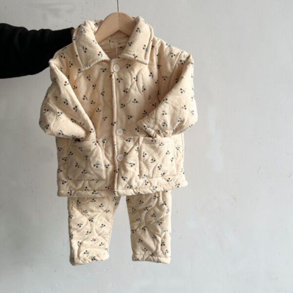 9M-6Y Floral Print Cotton Thicken Button Coat And Pants Set Two Pieces Baby Wholesale Clothing KKHQV491867
