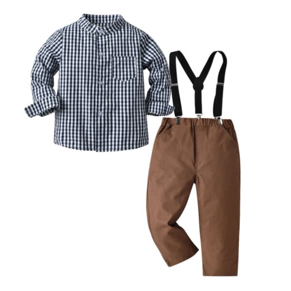 12M-6Y Blue Plaid Button Shirt And Suspender Brown Pants Set Two Pieces Boy Wholesale Kids Boutique Clothing KKHQV491786