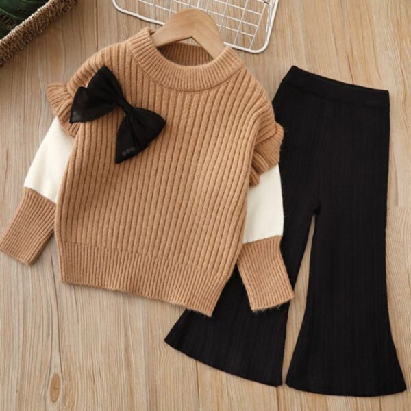 18M-6Y Big Black Bowknot Colorblock Warm Sweater And Pants Set Two Pieces Wholesale Kids Boutique Clothing KKHQV491878