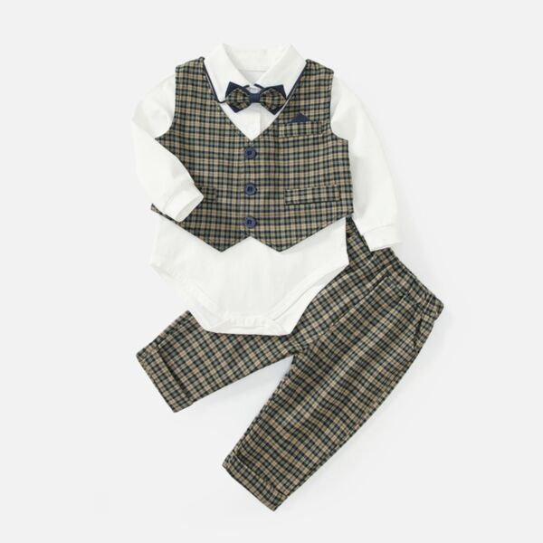 3-24M Green Plaid Vest And Long Sleeve Romper And Pants Suit Baby Wholesale Clothing KKHQV491947