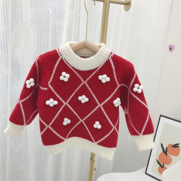 18M-7Y White Ballfur Print Rhombus Red Thicken Sweater Girl Wholesale Kids Boutique Clothing KKHQV491549