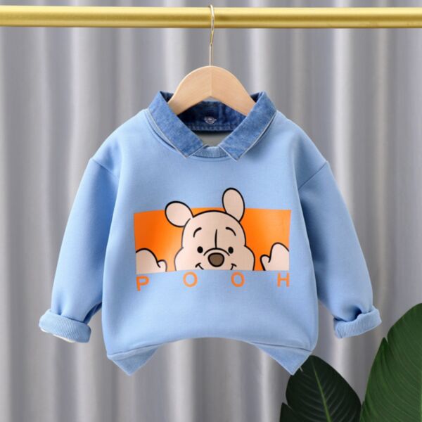 18M-6Y Solid Color And Bear Print Cut Blue Denim Collar Pullover Tops Wholesale Kids Boutique Clothing KTV491934