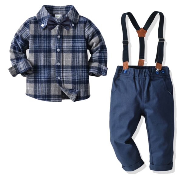12M-6Y Blue Plaid Long Sleeve Shirt And Suspenders Solid Color Pants Two Pieces Boy Wholesale Kids Boutique Clothing KKHQV491892