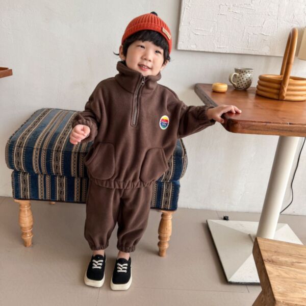 18M-6Y Fleece High Collar Zipper Pullover And Pants Set Two Pieces Wholesale Kids Boutique Clothing KKHQV491865