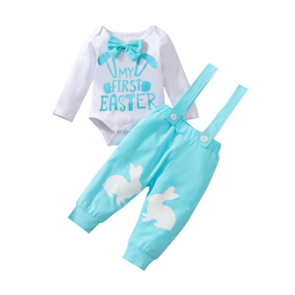 Easter Letter Printed Romper With Bow Tie And Rabbit Bib Baby Boy Sets 21110711