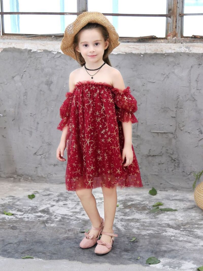 Wholesale Little Big Girl Gold Star Ruffle Offshoulder