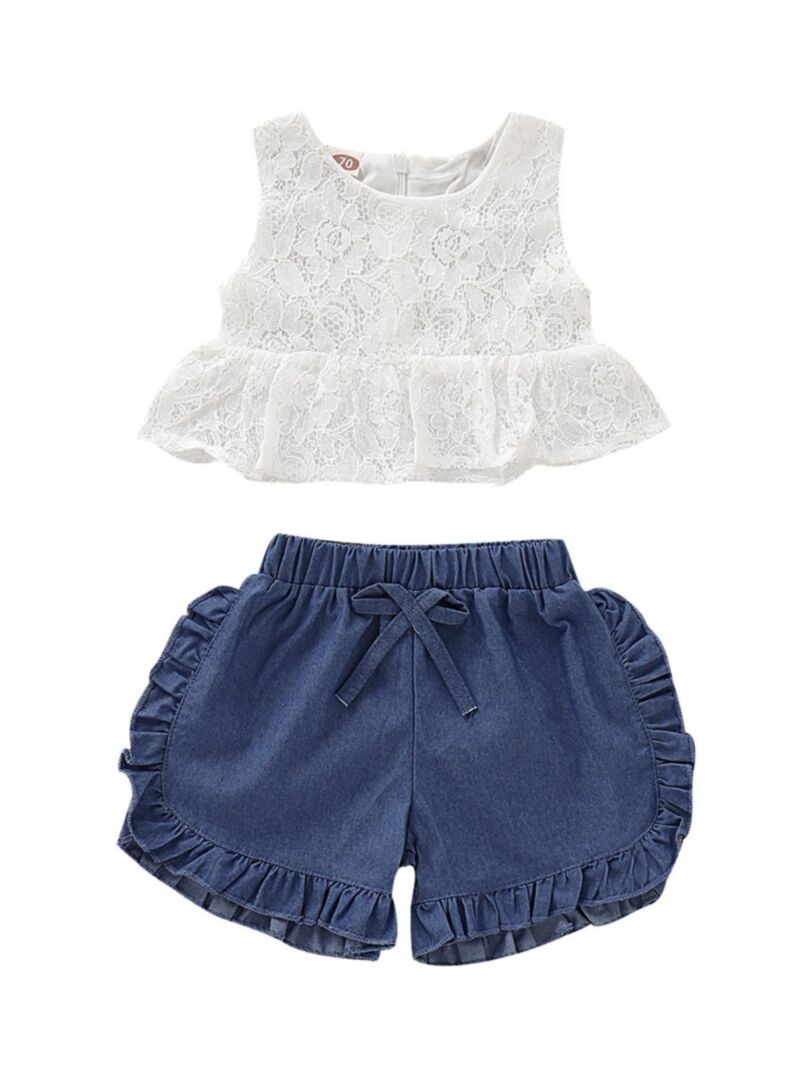 Wholesale 2Piece Baby Girl White Lace Top & Blue Ruffl